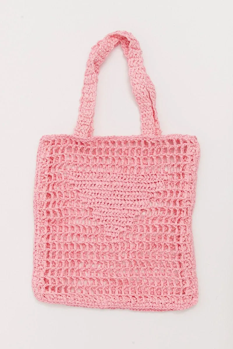 Pink Crochet Straw Tote Bag