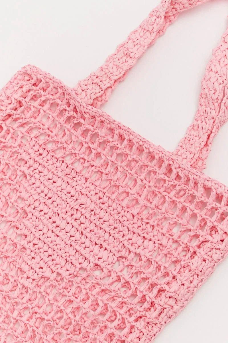 Pink Crochet Straw Tote Bag