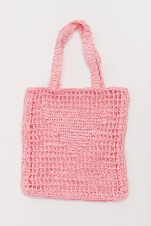 Pink Crochet Straw Tote Bag