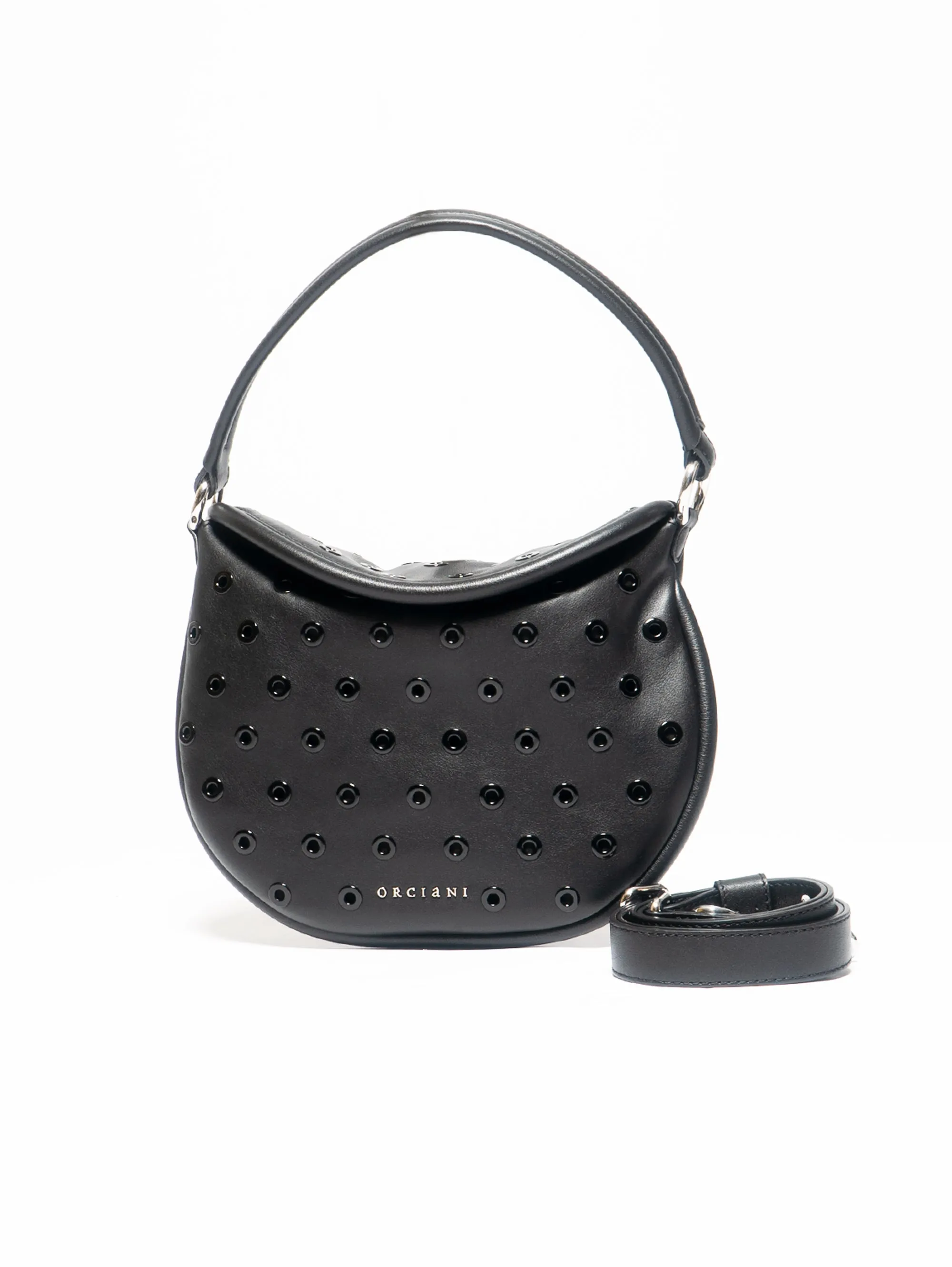 Pong Shoulder Bag in Black Perforated Soft Leather