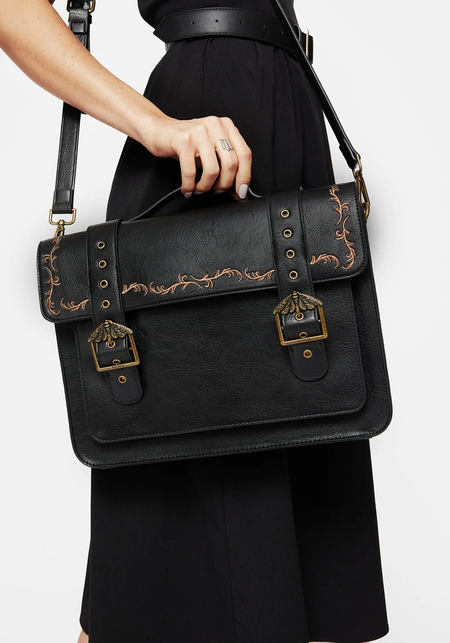 Rosamoth Buckle Vine Embroidered Satchel Bag - Black
