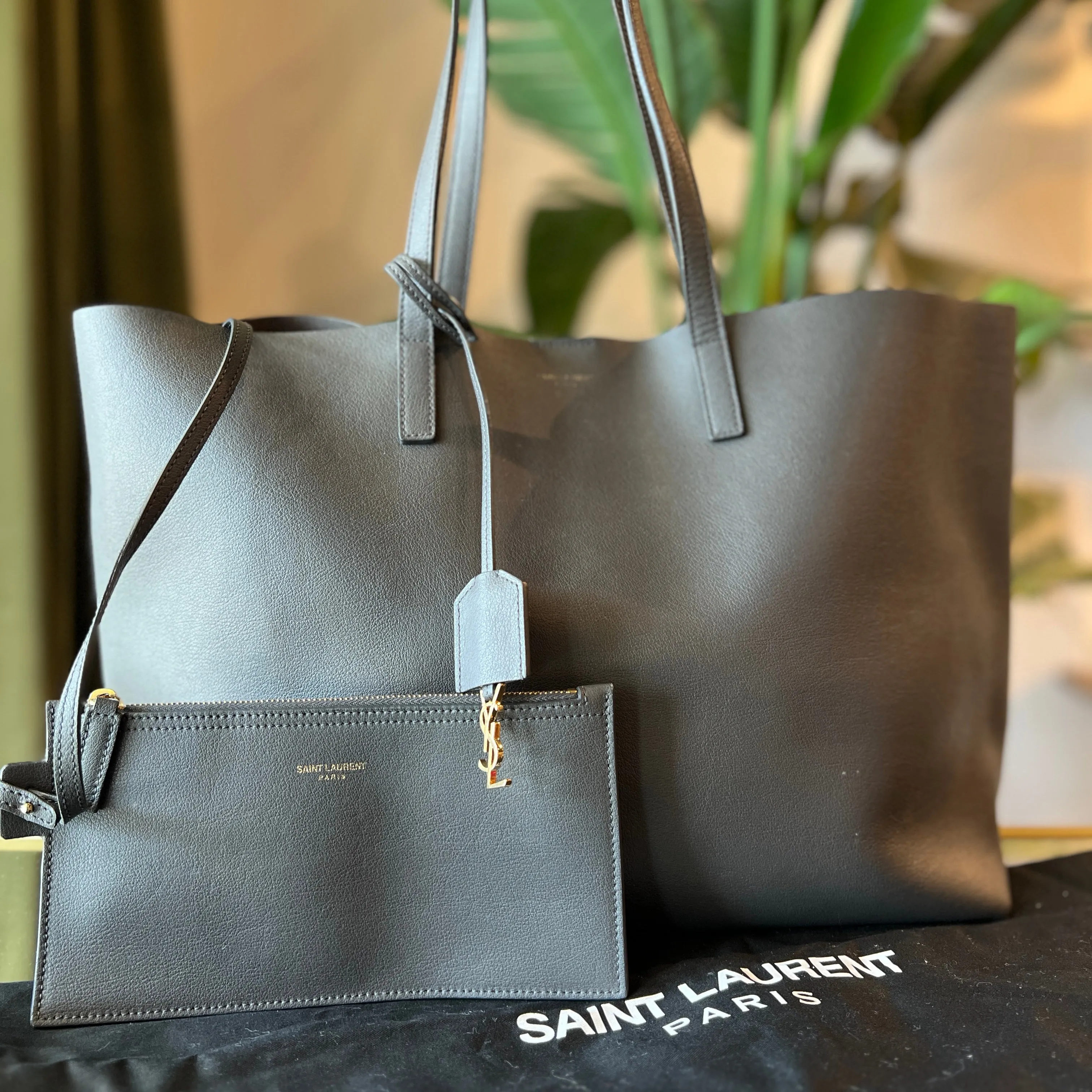 SAINT LAURENT Gray Calfskin Large Shopping Tote