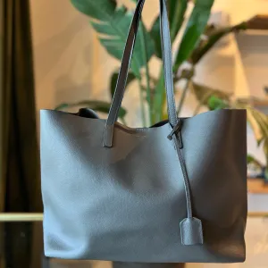 SAINT LAURENT Gray Calfskin Large Shopping Tote