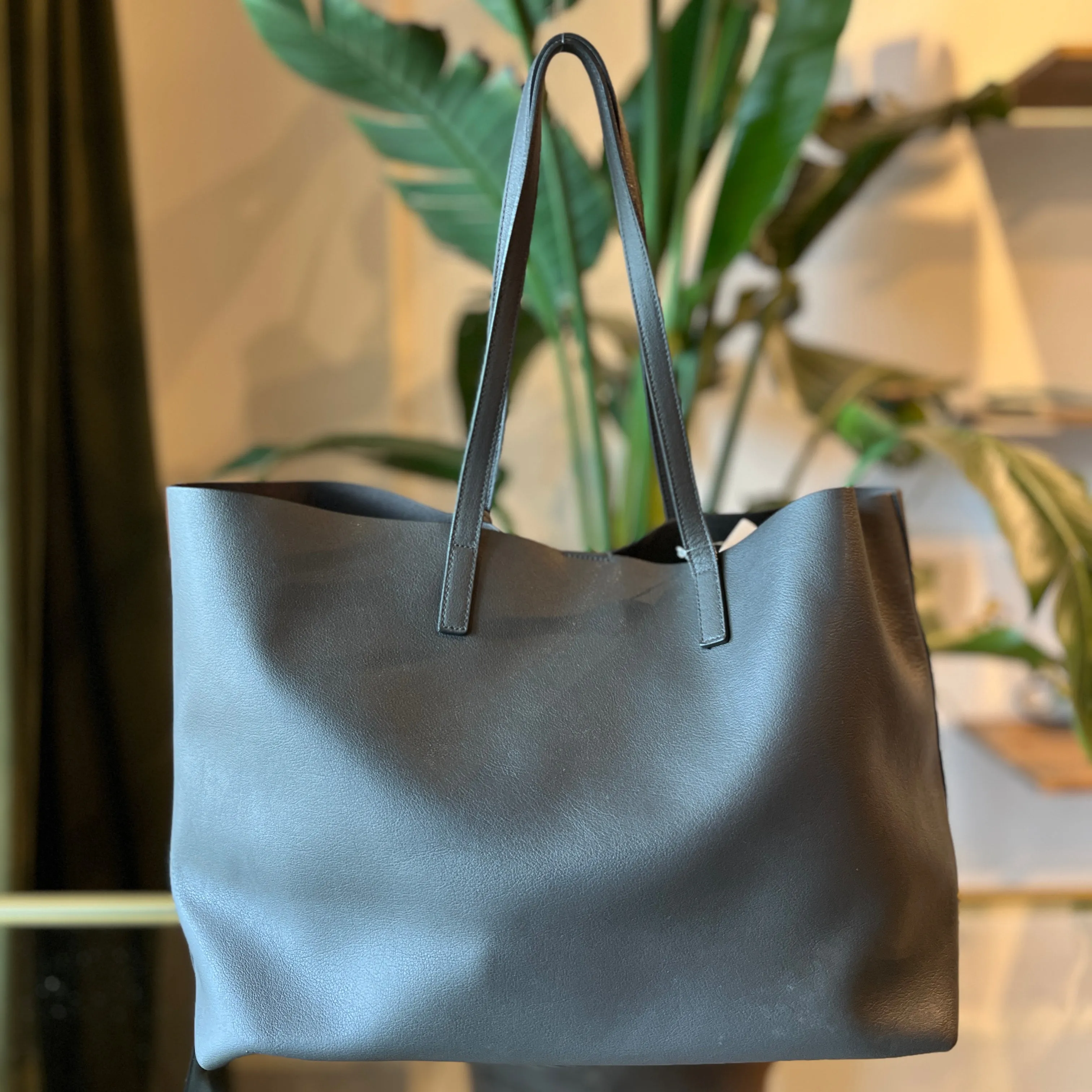 SAINT LAURENT Gray Calfskin Large Shopping Tote