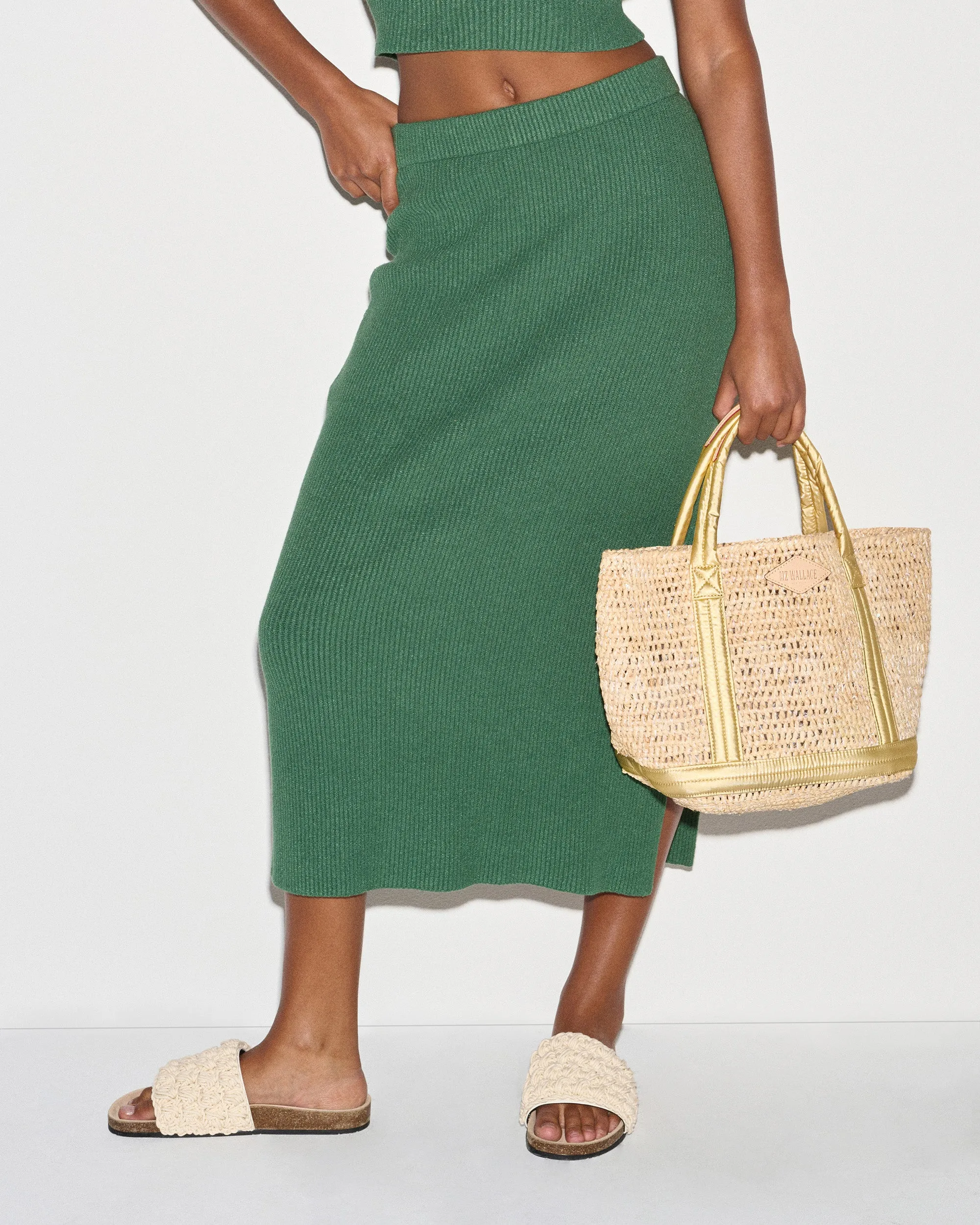 Sequin Raffia/Light Gold Pearl Metallic Small Raffia Tote